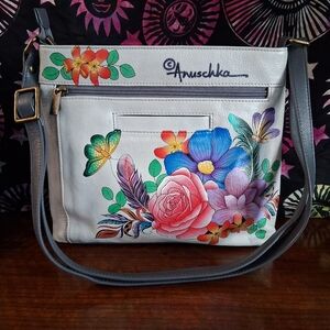 Anuschka Hand-painted Grey Leather Shoulder Bag Lion Flowers